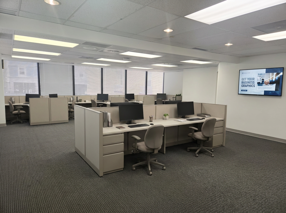Virtually staged open office concept with wall display